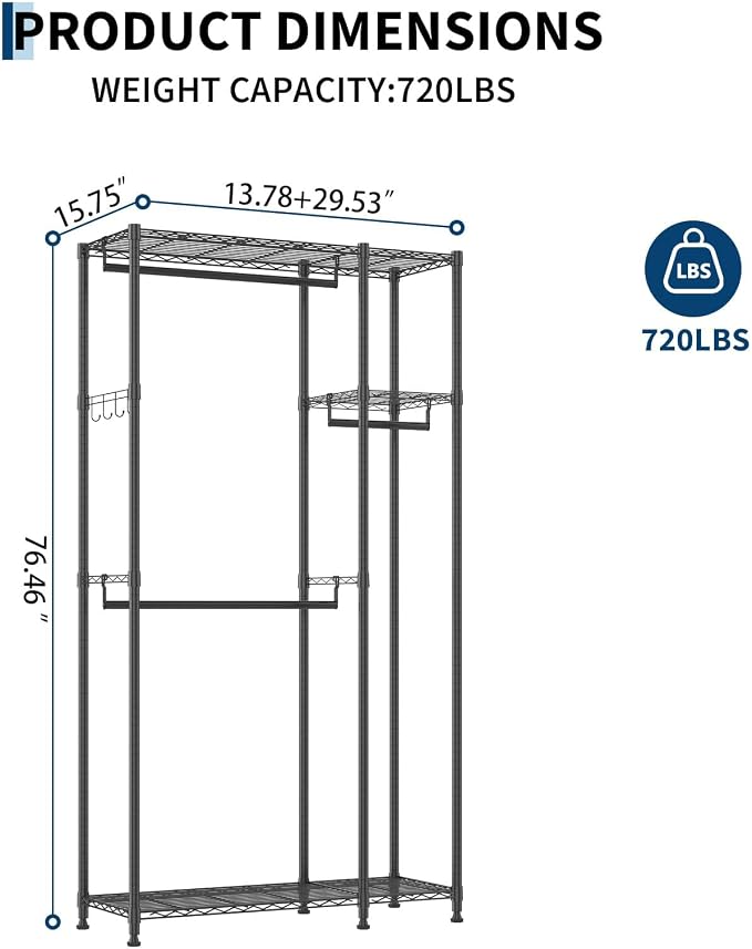 Heavy Duty Garment Rack 720lbs Load Closet Wardrobe with Cover Clothes Rack for Hanging Clothes with Adjustable 3 Shelves & 3 Hanging Rods 76.46" H X 43.31" L X 15.75" W Black