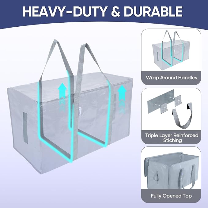 TICONN 8 Pack Extra Large Moving Bags Heavy Duty with Zippers & Carrying Handles, Durable Storage Bags Moving Boxes for Closet Organizers and Storage (8 Pack, Light Grey)
