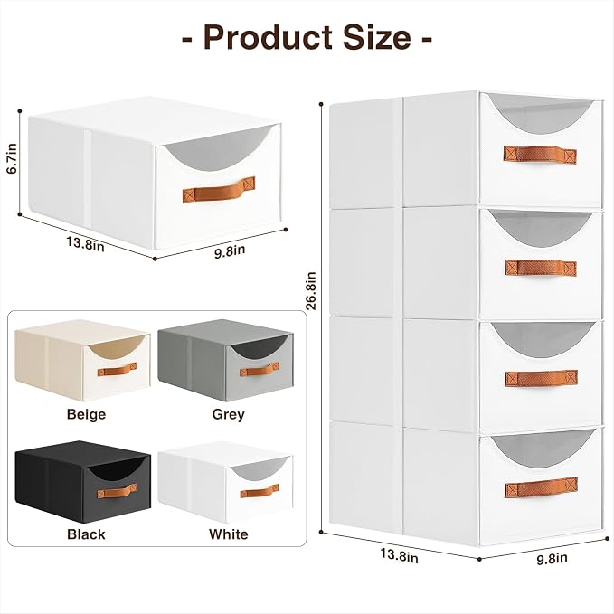 Homsorout Stackable Storage Drawers - Collapsible Storage Bins with Drawers, 6 Pack Closet Shelf Organizer Basket, Fabric Pull Out Organizer for Bedroom, Living Room, Dorm, White