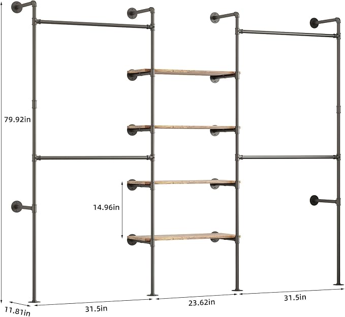 Industrial Pipe Clothing Rack with LED Lights& Shelves,Black | Heavy Duty Adjustable Garment Hanger with Shelves, 2 Installation Methods Closet Storage System for Wardrobe Organization