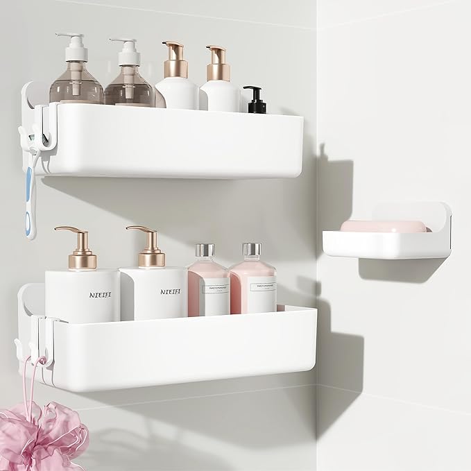 Nieifi Adhesive Shower Shelves, White, 3 Pieces | Rustproof ABS, Large Capacity, Removable Design, Easy-Clean, No Drilling Shower Organizer for Bathroom Storage & Home Decor