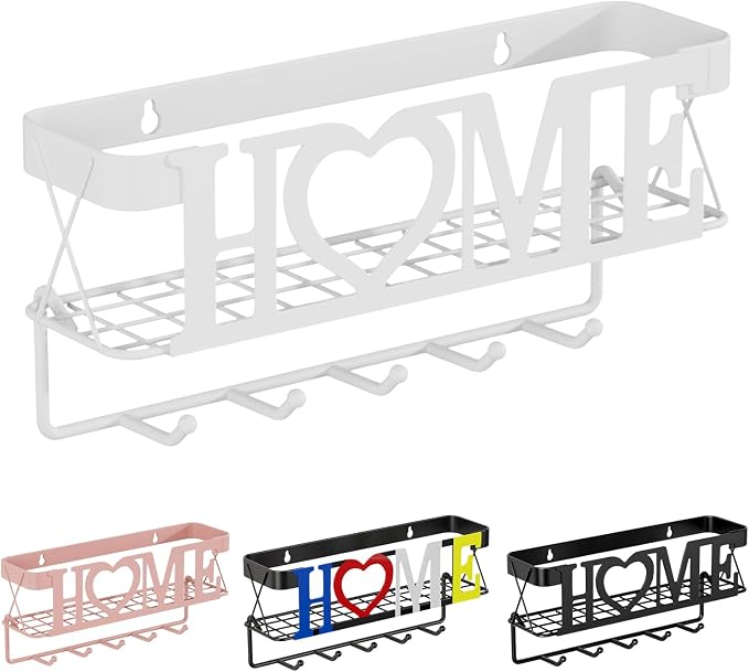 Key Holder Wall Mount - Adhesive Key Holder with 5 Hooks, Key Rack and Mail Organizer, Metal Basket Key Hanger for Entryway, Home, Living Room Decor, 11" L×2.8" W×4.9''H(White)