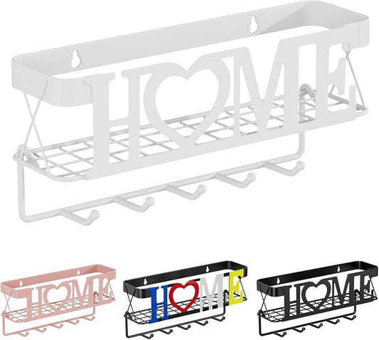 Key Holder Wall Mount - Adhesive Key Holder with 5 Hooks, Key Rack and Mail Organizer, Metal Basket Key Hanger for Entryway, Home, Living Room Decor, 11" L×2.8" W×4.9''H(White)