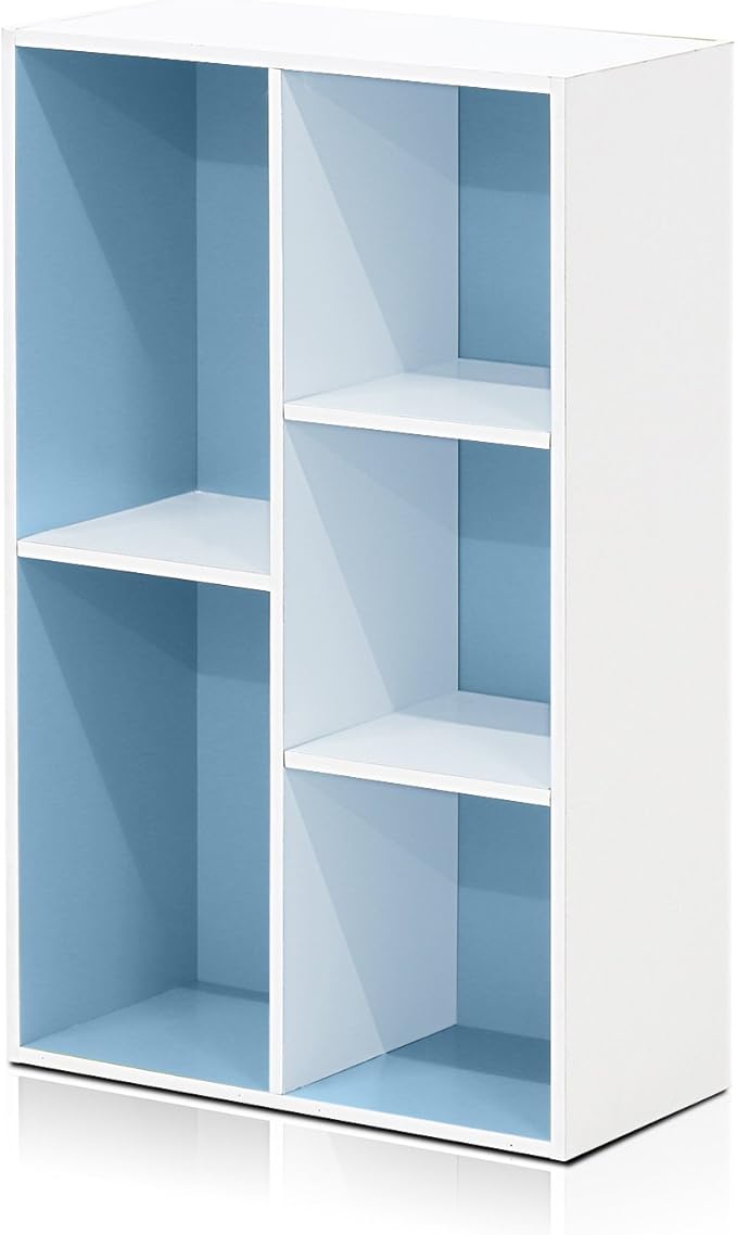 Furinno LUDER Book Shelf, 5-Cube Bookshelf, Reversible Bookcase, 9.4 x 19.5 x 31.5, Easy Assembly, for Living Room, Bedroom, Home Office, White/Light Blue