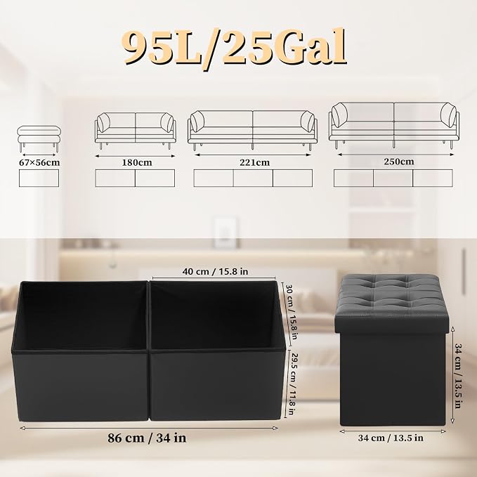 Bsketa Storage Ottoman Bench, 34" Folding Leather Foot Rest Stool, Black | Large Ottoman with Storage, Thicker Foam Padded Seat, Livingroom, Dorm, Bedroom, Easy to install, 86L,34 x 13 x 13in