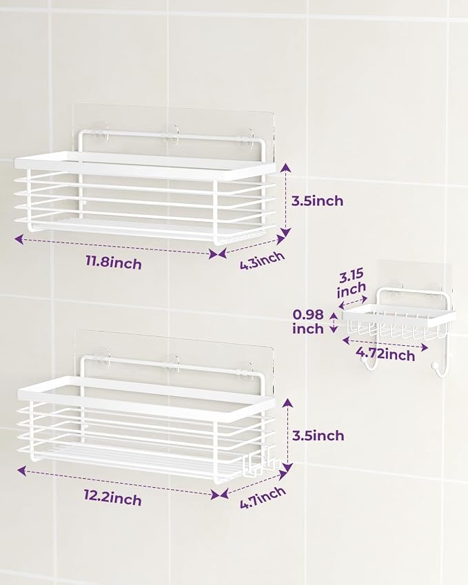 Shower Shelves Adhesive 3 Pack Stainless Steel Storage Organizers-White | No drilling wall mounted,rust-resistant,large capacity,quick drainage,easy to clean,suitable for bathrooms and kitchens