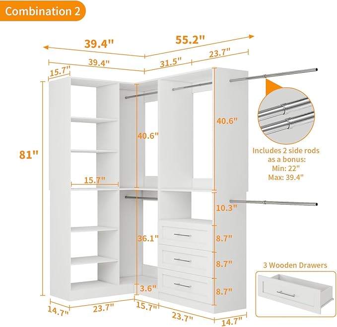 Closet System with 3 Drawers, Corner Closet Organizer Systems with 7 Shelves & 5 Hanging Rods L-Shaped Walk in Closet Freestanding Corner Tower Modular Storage System 2 Sets 1400+ Lbs Capacity White