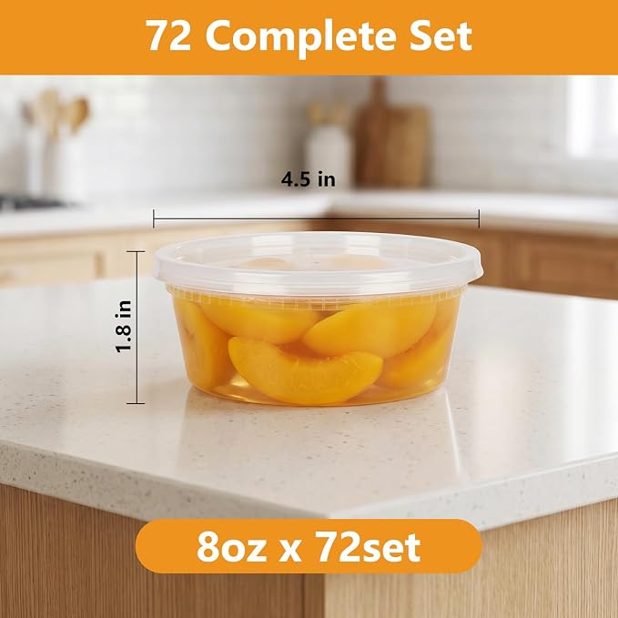 72 Sets (144-Piece) Deli Containers with Lids,8oz X 72 Set Each, Leak-Proof & BPA Free Airtight Takeout Plastic Food Storage Containers for Soup, Meal Prep, Microwave/Freezer Safe