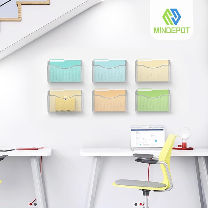 MINDEPOT Wall File Organizer, Hanging Wall File Holder, 6 Pack, Silver | Heavy Duty Iron, Metal Mesh Wall Mount, Single Pocket, Mail Organizer, for Office School Classroom Home, Letter A4 Size