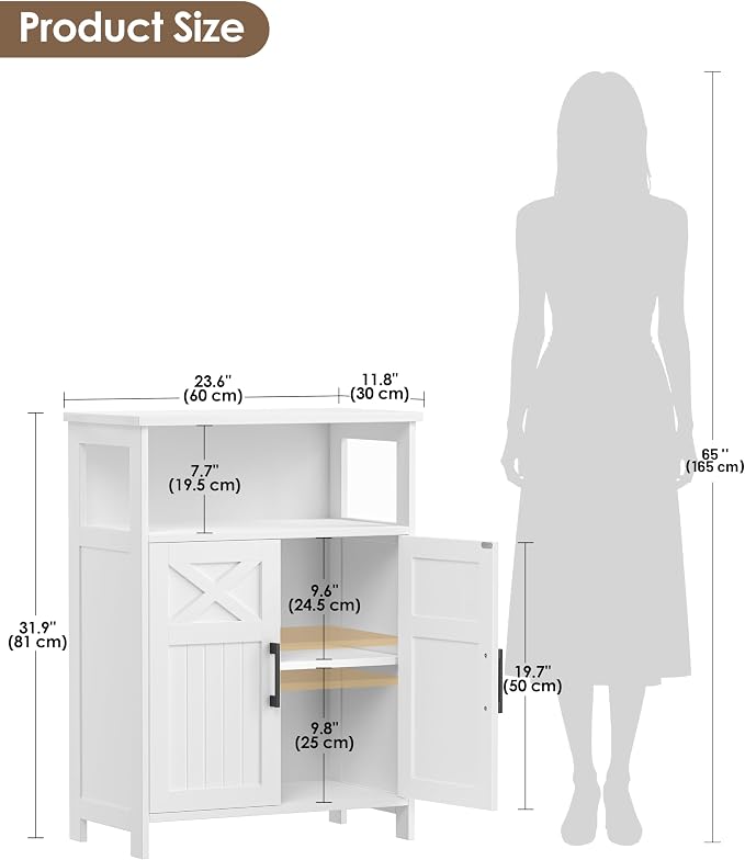 Akxomel Farmhouse Bathroom Storage Cabinet, 11.8" D x 23.6" W Bathroom Floor Cabinet, Small Toilet Paper Cabinet with 2 Doors, Linen Cabinet with Adjustable Shelf for Kitchen, Living Room, White