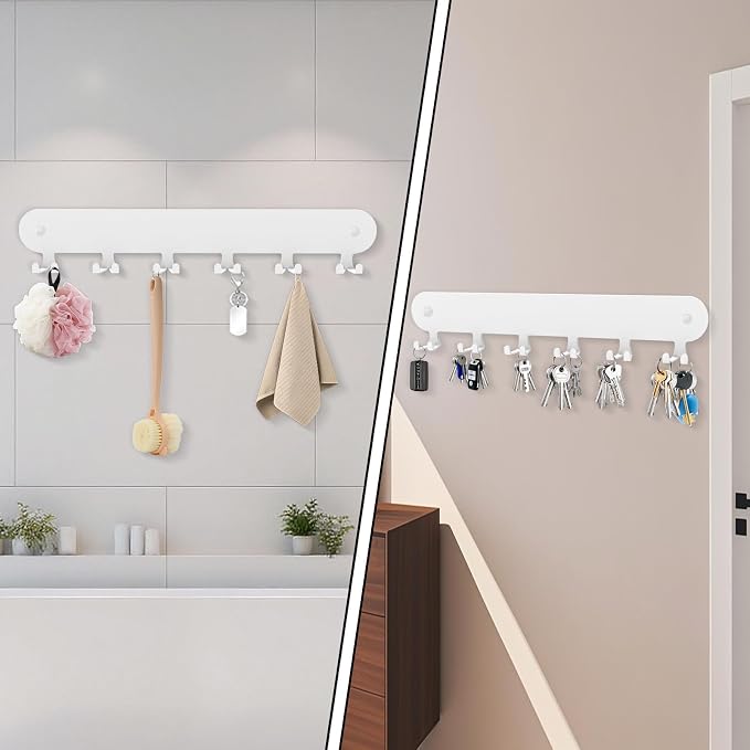 2 Pack Key Holder for Wall Adhesive, Key Hooks with 12 Hooks Wall Mounted | White Key Hangers for Living Room, Bathroom, Garage, Kitchen, Office(White, 12 Hooks)