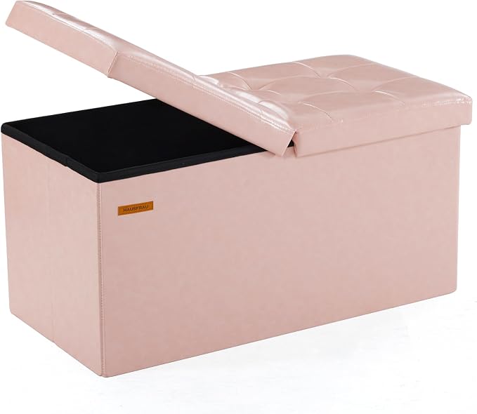 HAUSFRAU Ottoman with Storage Bench Folding Foot Rest Stool Pale Pink | 30", Flip Lid, Faux Leather, Upholstered Foldable Footrest Footstool, Bedroom Bench, Living Room Dorm Ottoman, Rectangle