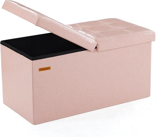 HAUSFRAU Ottoman with Storage Bench Folding Foot Rest Stool Pale Pink | 30", Flip Lid, Faux Leather, Upholstered Foldable Footrest Footstool, Bedroom Bench, Living Room Dorm Ottoman, Rectangle