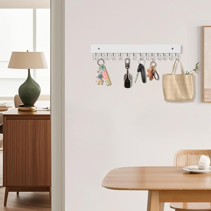 2-Pack Key Holder Wall Mount, 14.6"Key Rack with 28 Rotating Metal Hooks | Natural wood wall key hanger, 28 rotating metal hooks, for entryway, hallway, apartment decor, space-saving, white