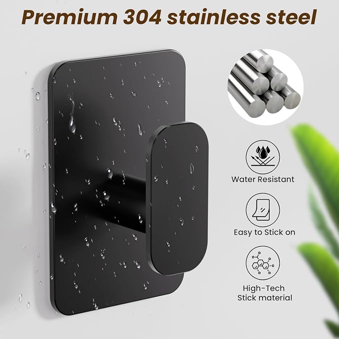 Large Heavy Duty Wall Hooks - 26lb Max, Stainless Steel Adhesive Towel Hooks for Hanging Towel, Coat, Robe, Hat, Sticky Towel Holder for Wall Mount in Bathroom, Shower, Kitchen (Black, 6 Pack)