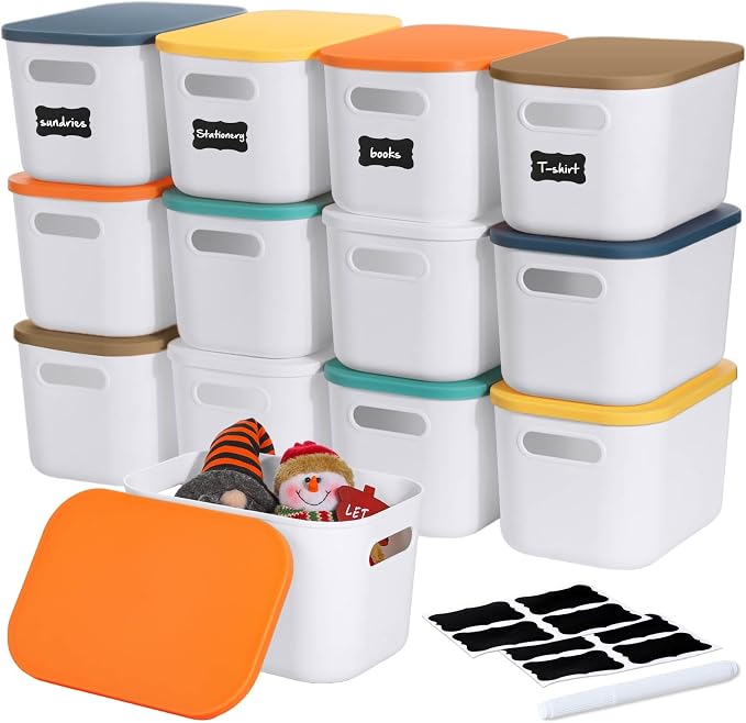 Thyle 12 Pack White Plastic Storage Bins with Lids, Back to School Stackable Storage Container with Handle Label for Organizing Toy Craft for Classroom Shelf Bedroom Office 10 x 7 x 6 Inch