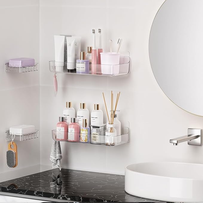 Crystal-Clear Shower Caddy with Soap Dish & Adhesive Pads, 2 Pack | Acrylic Wall Mounted Shower Shelves for Bathroom Organizers and Storage, No Drill for Bathroom Decor