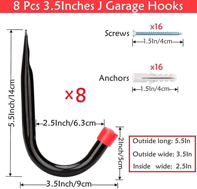 Garage Storage J Utility Hook, 8 Pack Heavy Duty Wall Mounted Hanging Hooks Organize Garden Tools, Gym Bags, Stroller, Toy,Power Tool
