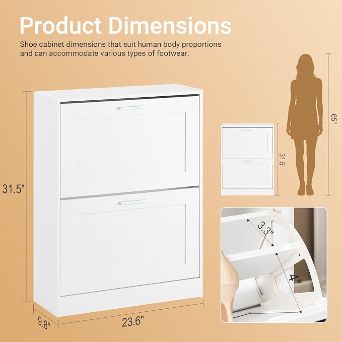 Haotian Shoe Cabinet Storage for Entryway | Narrow Shoe Cabinet with Two Flip Drawers to Save Space, Shoe Rack Cabinet for Front Door Entrance Hallway (White)