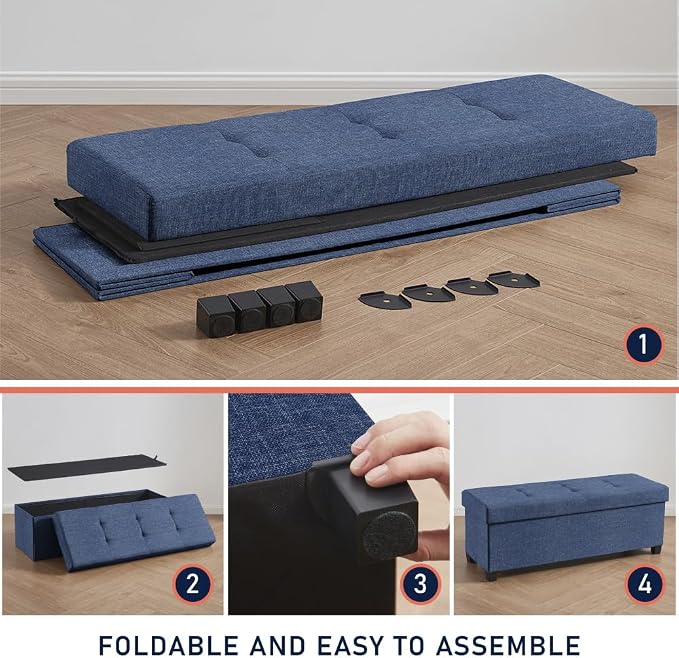 Ornavo Home 43" Large Storage Ottoman Bench with Legs, Navy Blue | Foot Rest Stool; Ottoman with Hidden Storage; Ideal for Bedroom, Living Room, Entryway or Home Office