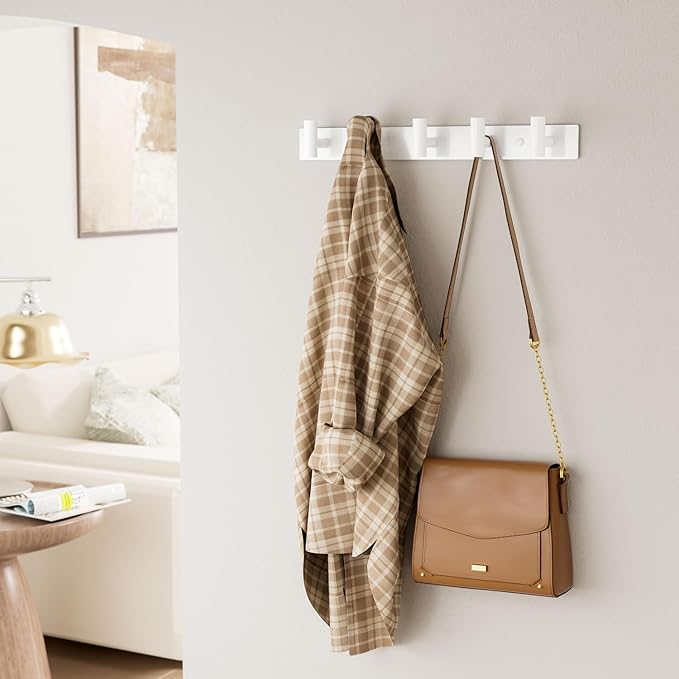 White Wall Mounted Coat Rack – 5 T-Shaped Hooks on 16.5" Rail, (2 Pack) | for Hanging Hats, Bags & Towels, Heavy-Duty Metal Hooks for Entryway, Bathroom, Closet, Bedroom