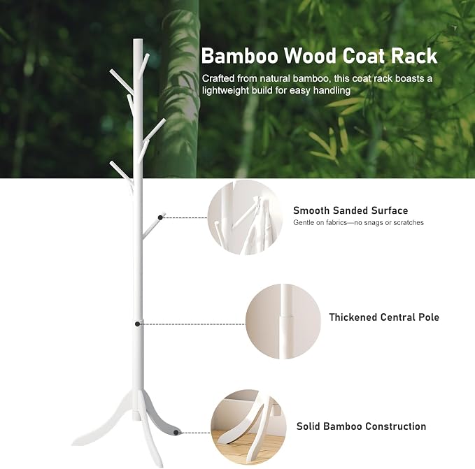 kiplant Coat Rack Stand with 8 Hooks, Adjustable Coat Standing Tree Easy Assembly for Coats, Hats, Scarves and Handbags for Entryway, Hallway, Bedroom, Office (Bamboo, White)