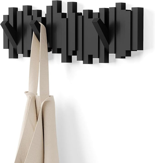 Umbra Sticks Wall Mount Coat Rack, 5 Hook Retractable Pegs, Black | Mounting hardware included, sculptural modern design, entryway or bedroom use, recycled plastic