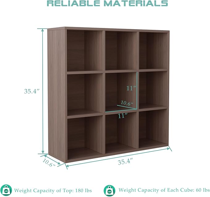 OSCHF 9-Cube Storage Shelf Bookcase, Walnut | Wooden 3-Tier Open Bookshelf, Fits 11×11" Bins, Vertical or Horizontal Use, Full Back Panels, For Home Office