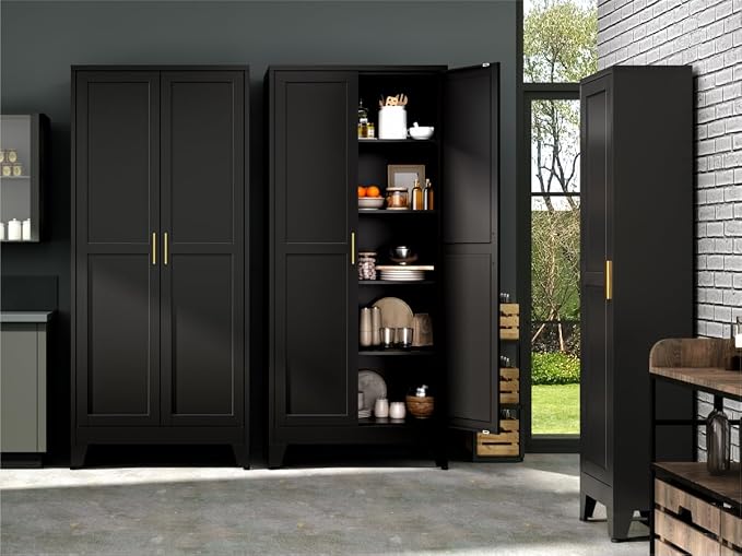Bevivog Metal Kitchen Pantry Cupboard Cabinet, 71" Black Utility Storage Cabinets with 2 Doors and 4 Adjustable Shelves for Kitchen/Home Office/Dining Room/Living Room