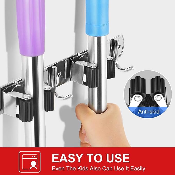 IMILLET 2 Pack Broom Holder Wall Mount Stainless Steel Mop Organizer | 5 Racks 4 Hooks Heavy Duty Garage Organization Storage,Broom and Mop Organizer Wall Hanging Self Adhesive for Laundry Room