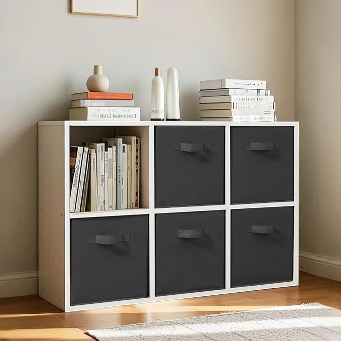 11x11 Inch Storage Bins Cubes, Fabric Foldable Storage Box, Collapsible Closet Organizer for Clothes, Blankets, Office, Bedroom, Living Room, Shelf Cabinet, Bookcase, Black, 7 Pack