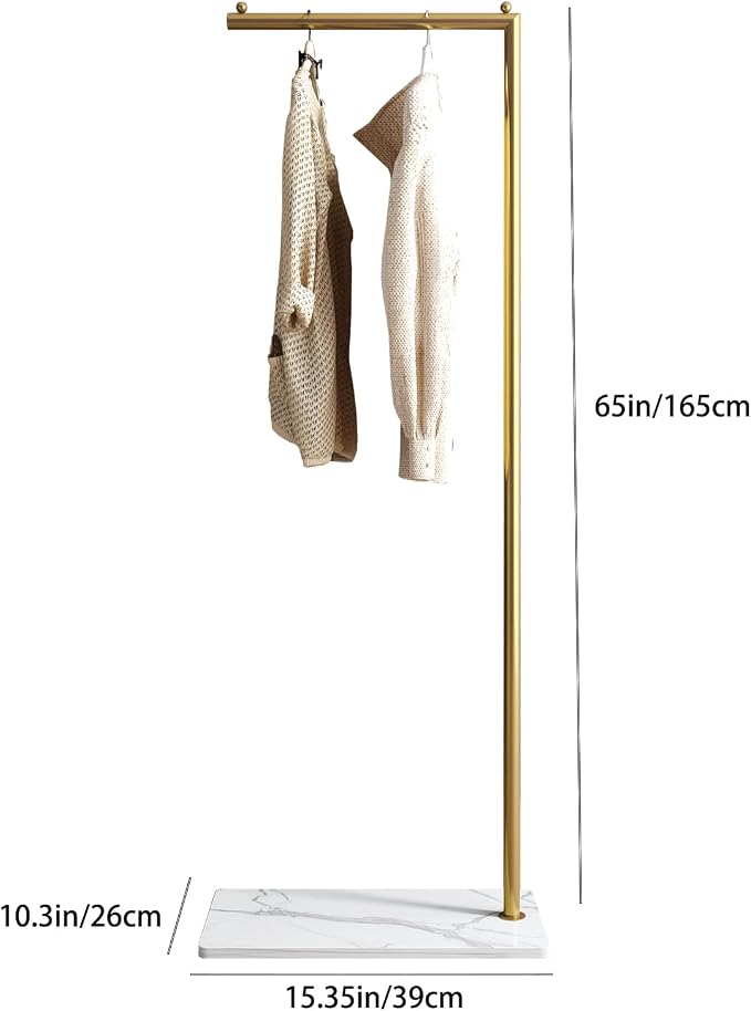 Gold clothing rack with Marble Base,Modern clothes racks for hanging clothes,7-shaped coat rack Freestanding Small garment rack Clothes Hanging Rack for Small Space,Bedroom or cloakrooms