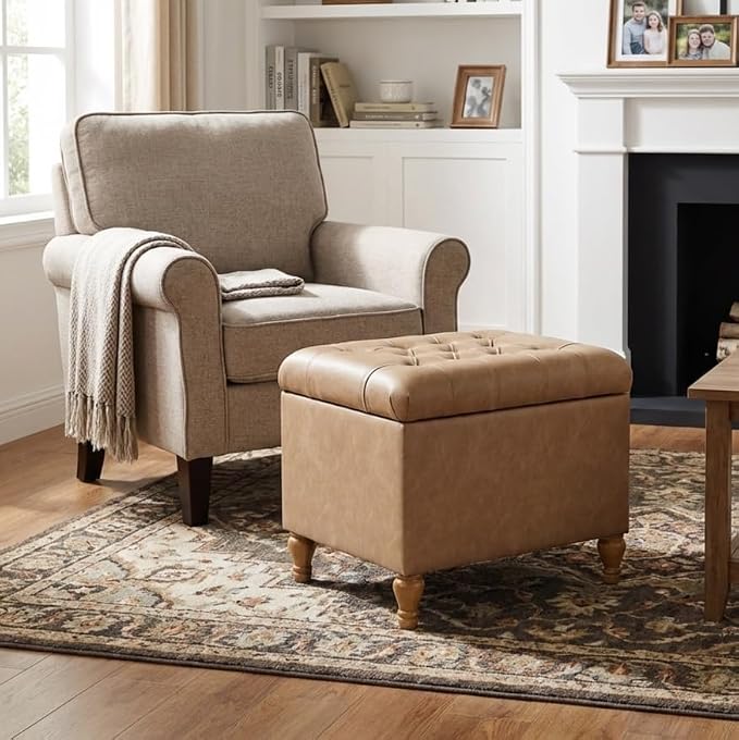 Spatial Order 24" Button Tufted Storage Ottoman - Sand Faux Leather