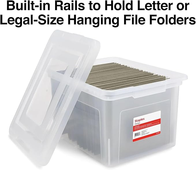 STAPLES Plastic File Box with Snap Lid, Letter/Legal Size, Clear, 4/Carton | Stackable storage box keeps hanging files organized and protected. Pack of 4.