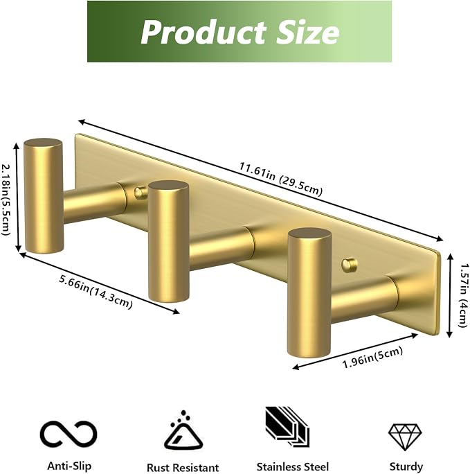 Wall Mounted Coat Rack-3 Hooks, Heavy Duty Stainless Steel Wall Hooks for Towel Coat Bag, Hat Rack Coat Hanger Coat Hooks Towel Racks for Bathroom Entryway Kitchen Hotel Office (Gold,1 Pack)