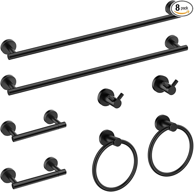 FORIOUS Bathroom Accessories, 8-Piece Bathroom Hardware Set - 24" Towel Bar | Matte Black | Towel Hooks, Towel Racks for Bathroom, Toilet Paper Holder Wall Mounted & Towel Ring | SUS304 Stainless Steel