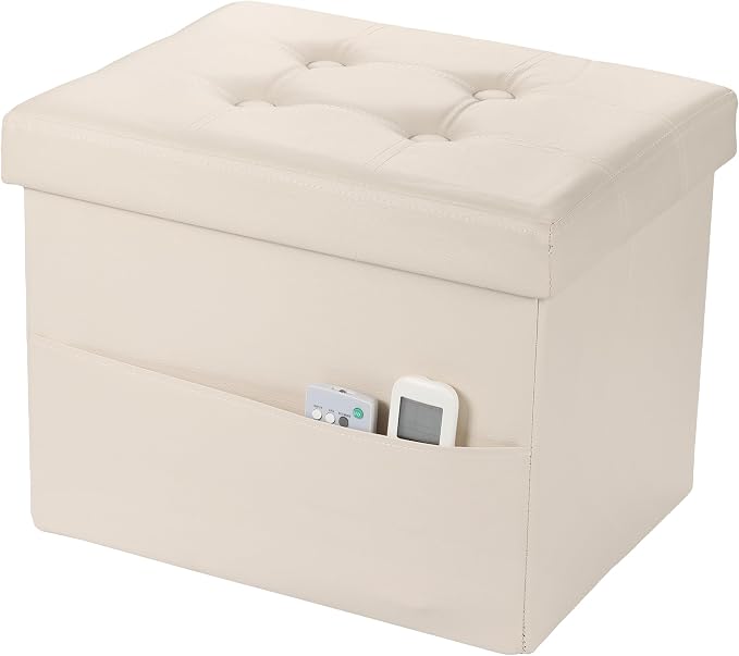 Bsketa Storage Ottoman Bench,16 Inch Folding Leather Foot Rest Stool, Beige | Small Ottoman with Side Pockets, Thicker Foam Padded Seat, Livingroom, Dorm, Bedroom, Easy to install, 38L, 16x12x12in