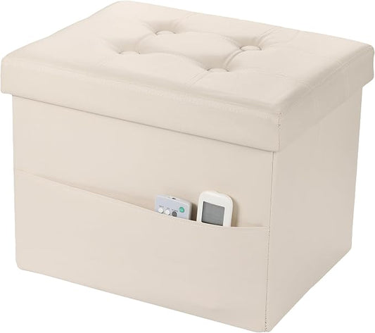 Bsketa Storage Ottoman Bench,16 Inch Folding Leather Foot Rest Stool, Beige | Small Ottoman with Side Pockets, Thicker Foam Padded Seat, Livingroom, Dorm, Bedroom, Easy to install, 38L, 16x12x12in
