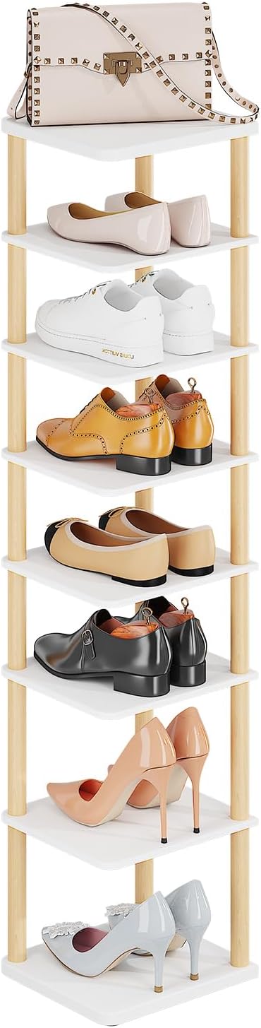 8 Tiers Vertical Shoe Rack, Tall Narrow Shoe Tower, Corner Shoe Rack, White | Small Shoe Organizer for Entryway, Closet, Dorm & Small Spaces, Freestanding Wooden Shoe Shelf for Boots, Sneakers, Heels.