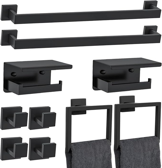 10 Pieces Black Towel Bar Set Bathroom Hardware Accessories Set Upgraded Toilet Paper Holder with Shelf Towel Holder Set for Bathroom Stainless Steel Wall Mounted 23.6in