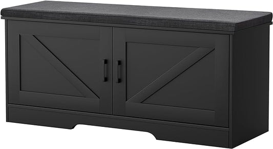 HOMSHO Farmhouse Shoe Storage Bench with 2 Barn Doors & Padded Seat Cushion | 39.4" Wide Entryway Bench with Adjustable Shelves & Hidden Storage, Black