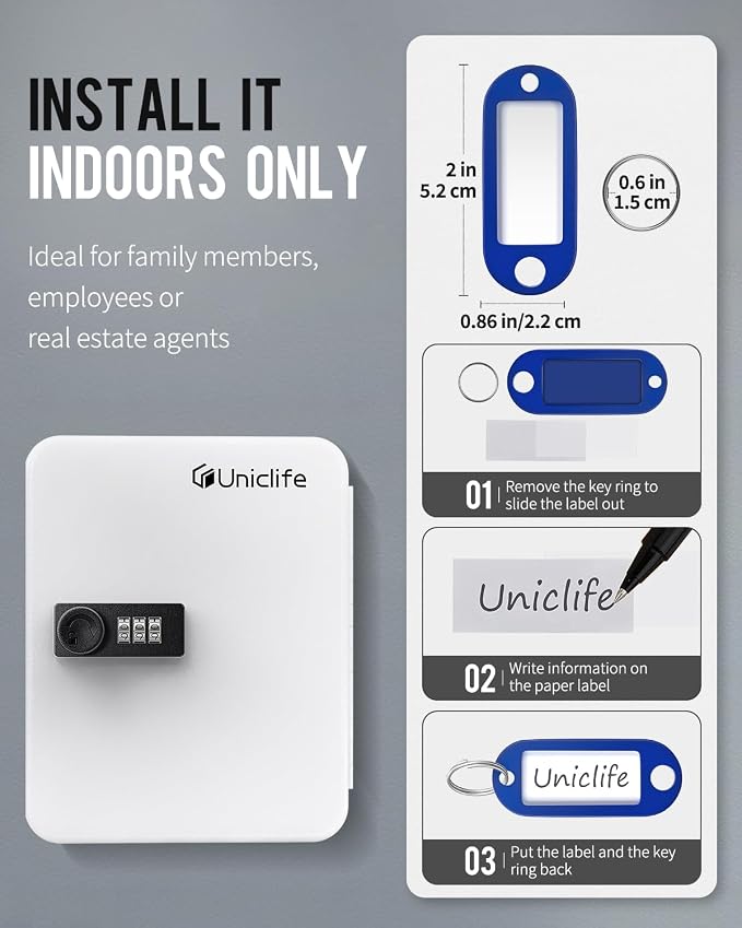 Uniclife 20 Position Key Cabinet with Combination Lock Resettable White Digital Security Storage Box Steel Key Organizer with Colorful Key Tag Labels Stickers and Hooks
