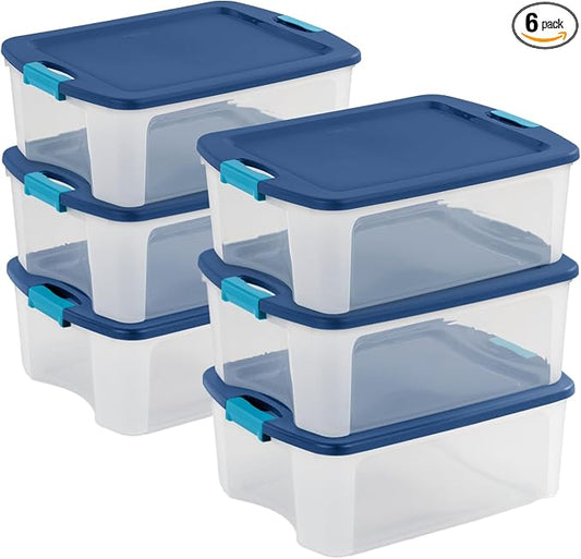 Sterilite 12 Gal Latch and Carry, Stackable Storage Bin with Latching Lid, Plastic Container to Organize Closets, Clear with Blue Lid, 6-Pack | Stackable Tote Containers with Handles and Latching Lids for Bed, Garage, Office, Kitchen, Closet & Classroom