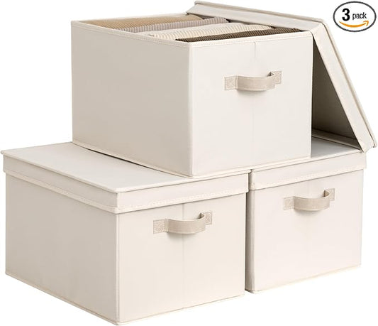 StorageWorks Fabric Storage Bins with Lids, Decorative Storage Bins with PU Handles, Foldable Storage Baskets for Closet, Shelves, Stackable and Sturdy Organization, Beige(Cotton Linen), Jumbo, 3-Pack