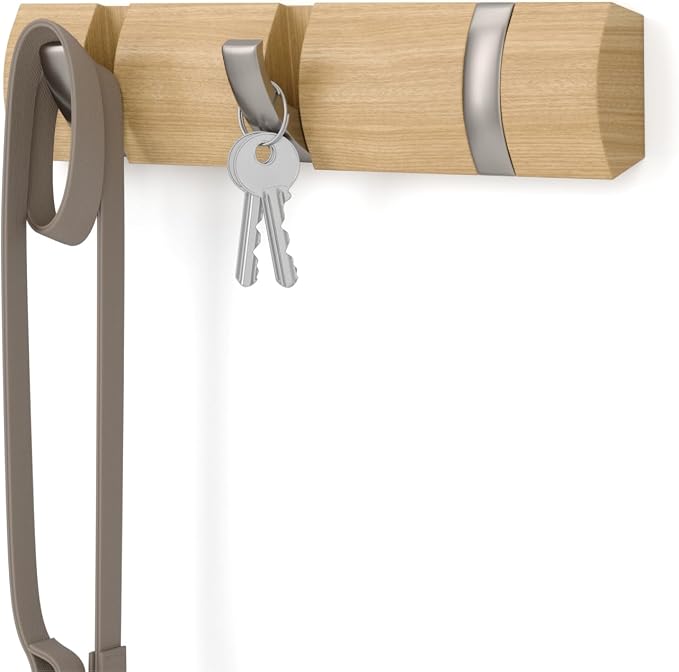 Umbra Flip Coat Rack, Wall Mount Retractable Hooks, 3-Hook, Natural/Nickel | Real wood and steel build, folds flat when not in use, holds coats bags and scarves, easy install