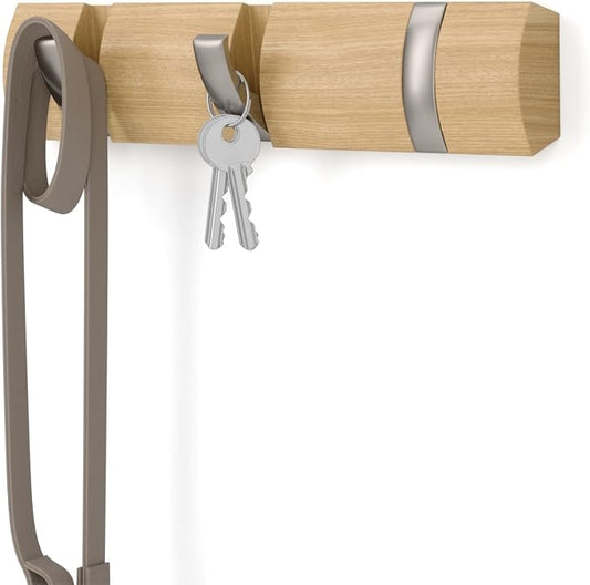 Umbra Flip Coat Rack, Wall Mount Retractable Hooks, 3-Hook, Natural/Nickel | Real wood and steel build, folds flat when not in use, holds coats bags and scarves, easy install