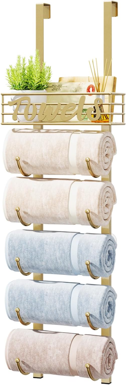 HapiRm Towel Racks for Bathroom Storage - 6 Tier Over The Door & Wall Mount Rolled Towel Storage Organizer Holder with Metal Shelf Basket for Small Bathroom, Camper, Rv - Gold, Patented