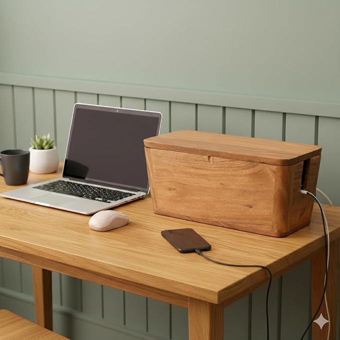 Extra Large Cable Management Box - Acacia Wood - Cable Organizer Box and Power Strip Box for Electrical Cord Management - Hide Desk Cord and Floor Cables - Wire Storage and Organization for Cords | Acacia Wood, Cable Organizer, Rustic Style, Modern Des...