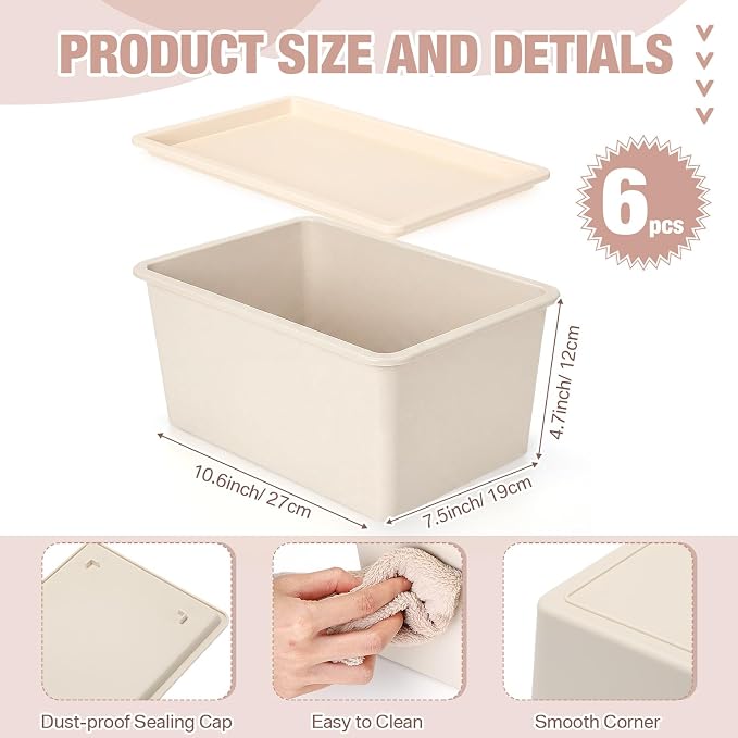6 Pcs Storage Bins with Lids Small Plastic Storage Containers Stackable Storing Baskets Box Cute Organizer Bins for Organizing Shelves (Beige)