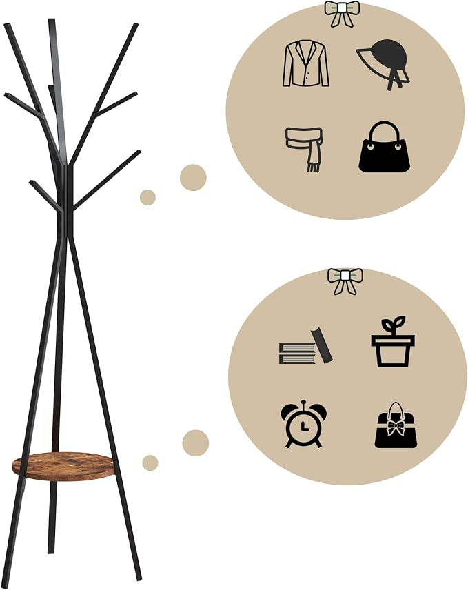 HOME BI Coat Rack, Coat Hanger Stand with Shelves, Freestanding Hall Tree, Metal Hat Hanger with 9 Hooks for Clothes Hats and Scarves, Black and Rustic Brown(Black+Rustic Brown)